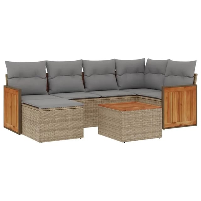 vidaXL 7-Tlg Garten-Sofagarnitur mit Kissen Beige Poly Rattan 3227865