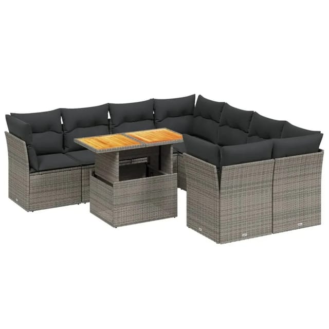 vidaXL 9-Tlg Garten-Sofagarnitur mit Kissen Grau Poly Rattan 3270724