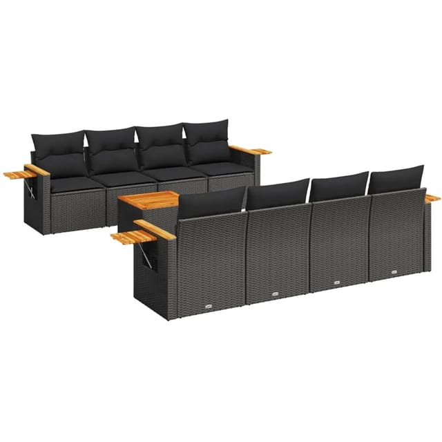 vidaXL 9-Tlg Garten-Sofagarnitur mit Kissen Schwarz Poly Rattan 3226657