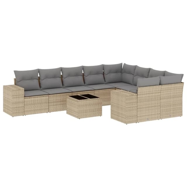 vidaXL 10-Tlg Garten-Sofagarnitur mit Kissen Beige Poly Rattan 3255386