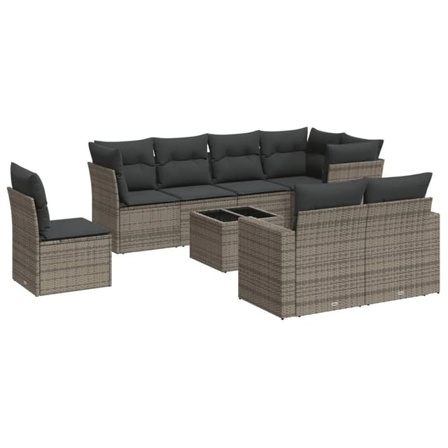 vidaXL 9-Tlg Garten-Sofagarnitur mit Kissen Grau Poly Rattan 3219240