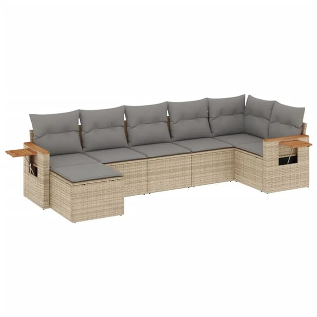 vidaXL 7-Tlg Garten-Sofagarnitur mit Kissen Beige Poly Rattan 3259434