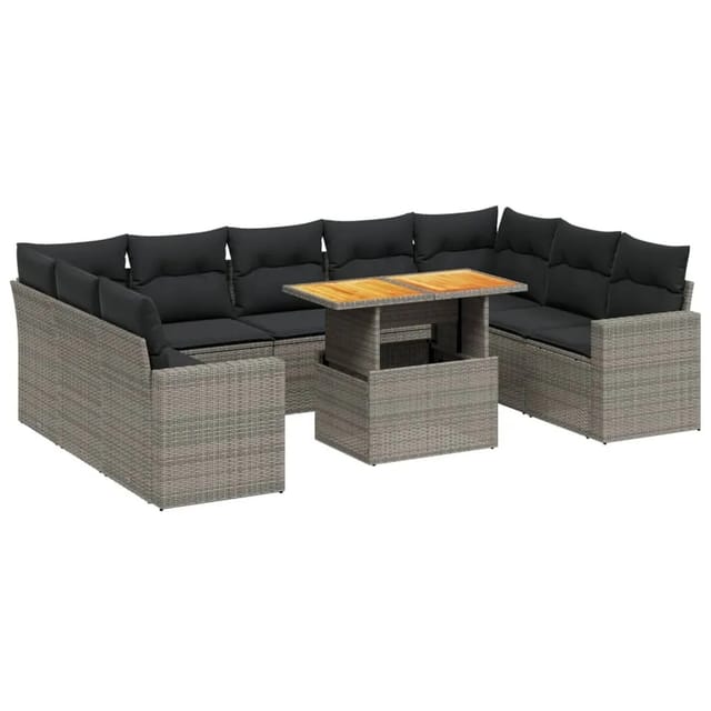 vidaXL 10-Tlg Garten-Sofagarnitur mit Kissen Grau Poly Rattan 3271459