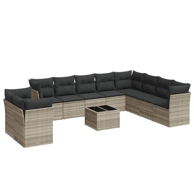 vidaXL 11-Tlg Garten-Sofagarnitur mit Kissen Hellgrau Poly Rattan 3249711