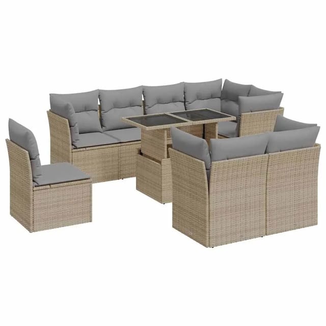 vidaXL 9-Tlg Garten-Sofagarnitur mit Kissen Beige Poly Rattan 3326180