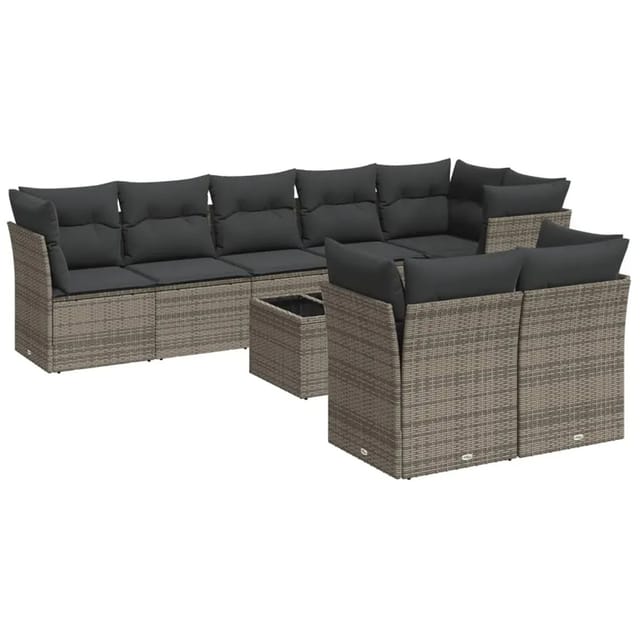 vidaXL 9-Tlg Garten-Sofagarnitur mit Kissen Grau Poly Rattan 3217920