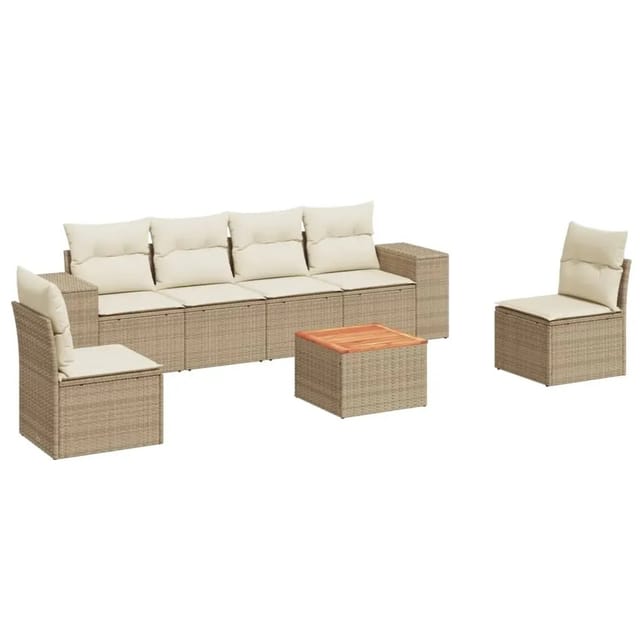 vidaXL 7-Tlg Garten-Sofagarnitur mit Kissen Beige Poly Rattan 3225393