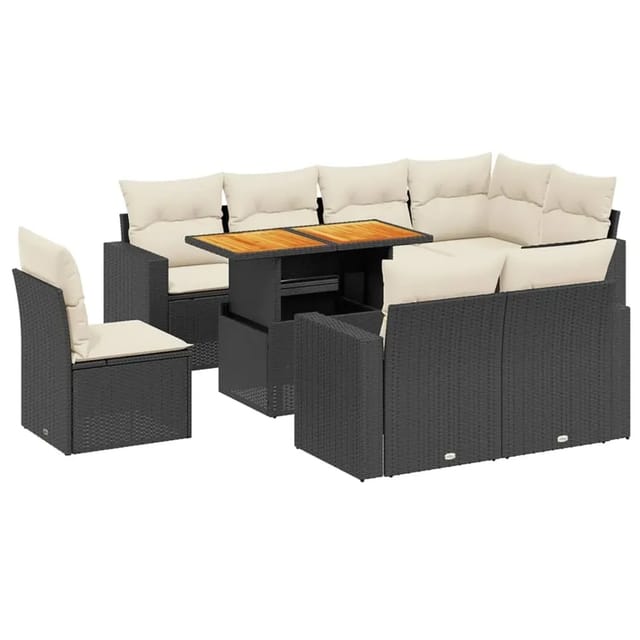 vidaXL 9-Tlg Garten-Sofagarnitur mit Kissen Schwarz Poly Rattan 3271406