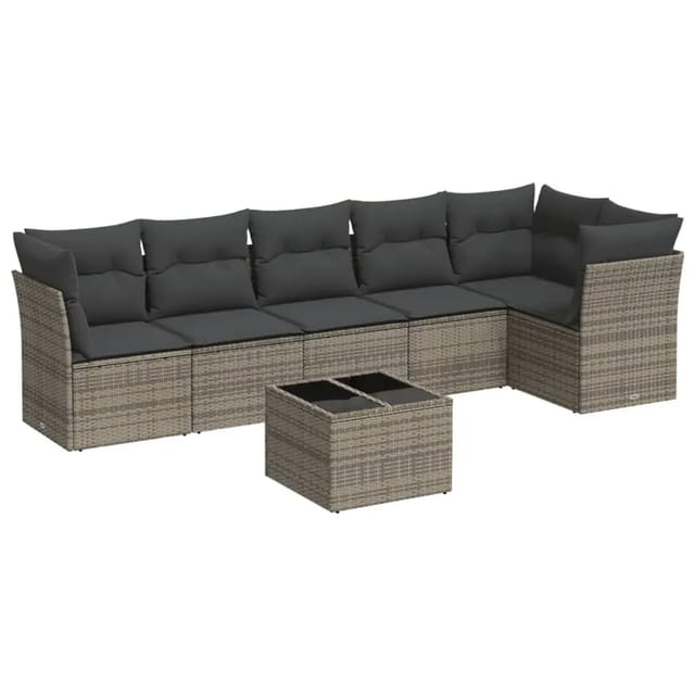 vidaXL 7-Tlg Garten-Sofagarnitur mit Kissen Grau Poly Rattan 3217670