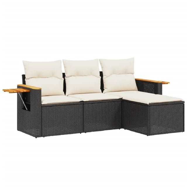 vidaXL 4-Tlg Garten-Sofagarnitur mit Kissen Schwarz Poly Rattan 3259144