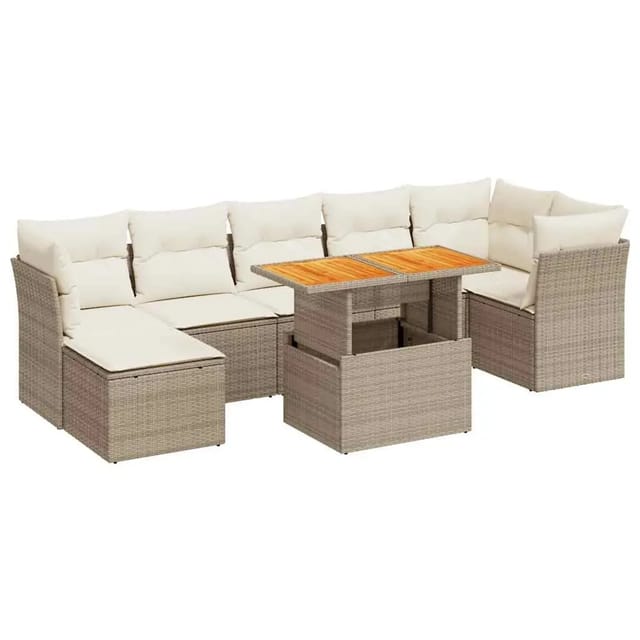 vidaXL 8-Tlg Garten-Sofagarnitur mit Kissen Beige Poly Rattan 3326956