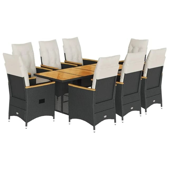 vidaXL 9-Tlg Garten-Essgruppe mit Kissen Schwarz Poly Rattan 3276841