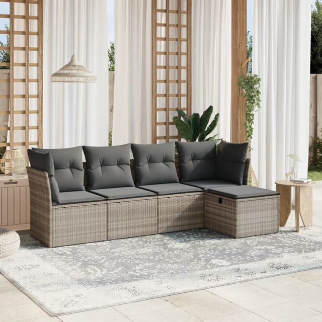 vidaXL 5-Tlg Garten-Sofagarnitur mit Kissen Hellgrau Poly Rattan 3263138
