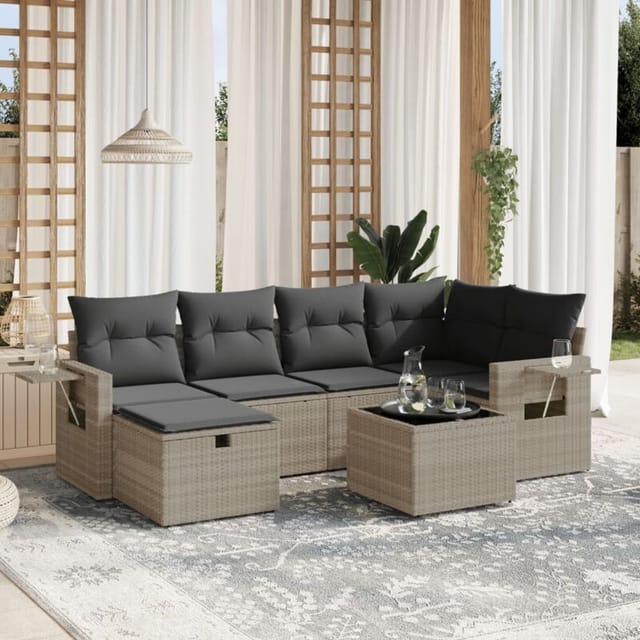 vidaXL 7-Tlg Garten-Sofagarnitur mit Kissen Hellgrau Poly Rattan 3263808