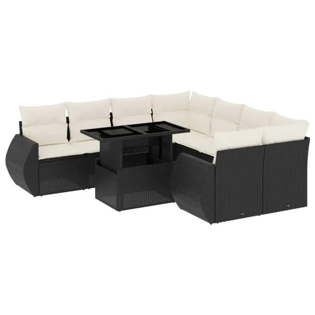 vidaXL 9-Tlg Garten-Sofagarnitur mit Kissen Schwarz Poly Rattan 3268426