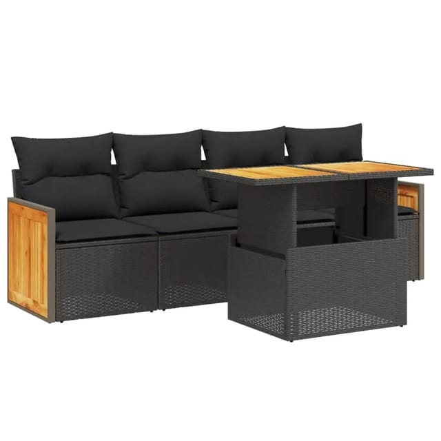 vidaXL 5-Tlg Garten-Sofagarnitur mit Kissen Schwarz Poly Rattan 3273834