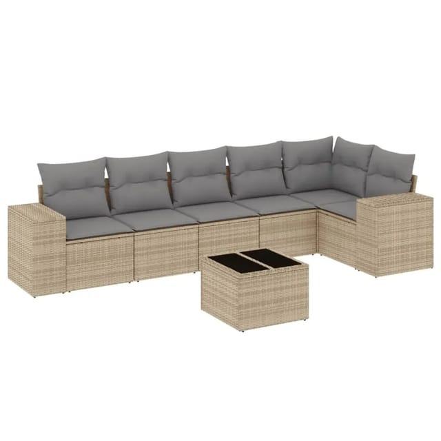 vidaXL 7-Tlg Garten-Sofagarnitur mit Kissen Beige Poly Rattan 3254936