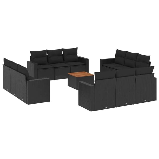 vidaXL 13-Tlg Garten-Sofagarnitur mit Kissen Schwarz Poly Rattan 3256384