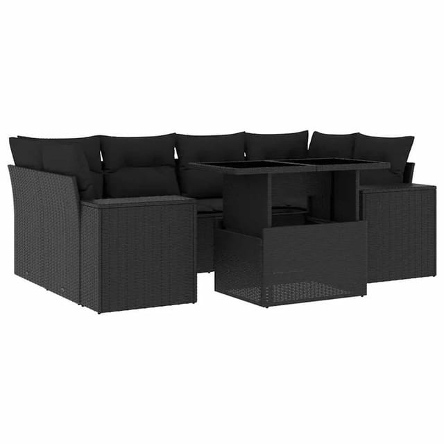 vidaXL 7-Tlg Garten-Sofagarnitur mit Kissen Schwarz Poly Rattan 3269015