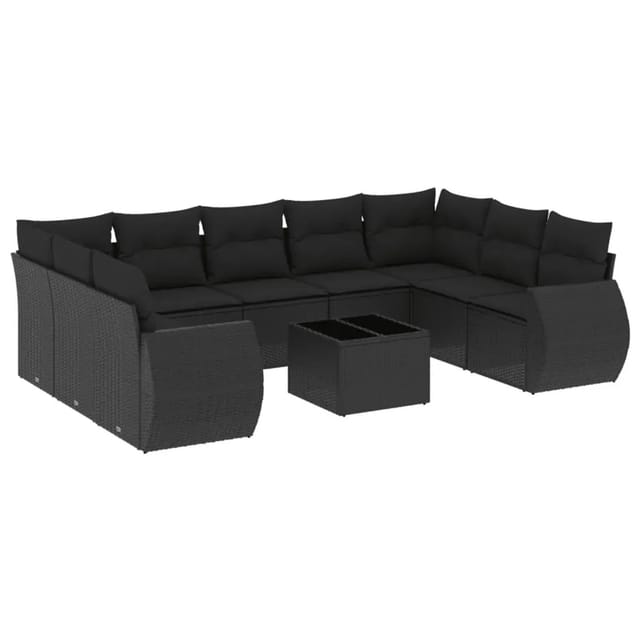 vidaXL 10-Tlg Garten-Sofagarnitur mit Kissen Schwarz Poly Rattan 3254142