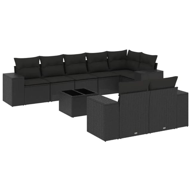 vidaXL 9-Tlg Garten-Sofagarnitur mit Kissen Schwarz Poly Rattan 3222824