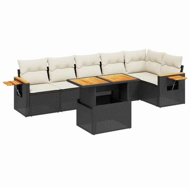 vidaXL 7-Tlg Garten-Sofagarnitur mit Kissen Schwarz Poly Rattan 3273527