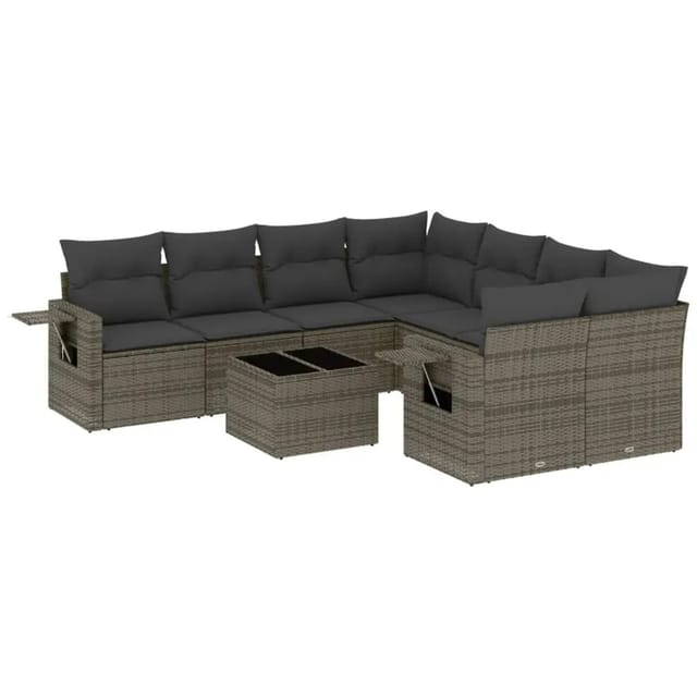 vidaXL 9-Tlg Garten-Sofagarnitur mit Kissen Grau Poly Rattan 3219959