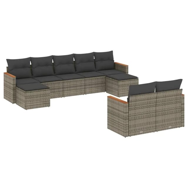 vidaXL 9-Tlg Garten-Sofagarnitur mit Kissen Grau Poly Rattan 3258805