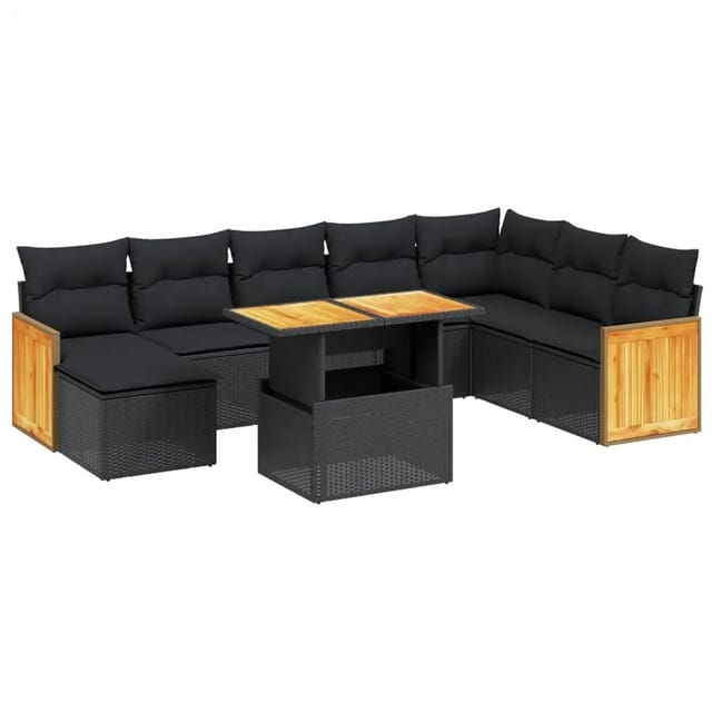 vidaXL 9-Tlg Garten-Sofagarnitur mit Kissen Schwarz Poly Rattan 3274093