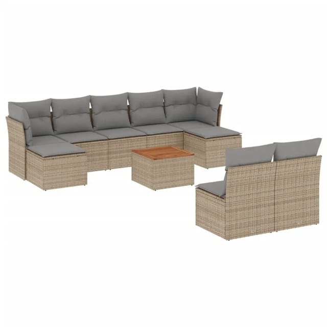 vidaXL 10-Tlg Garten-Sofagarnitur mit Kissen Beige Poly Rattan 3256192