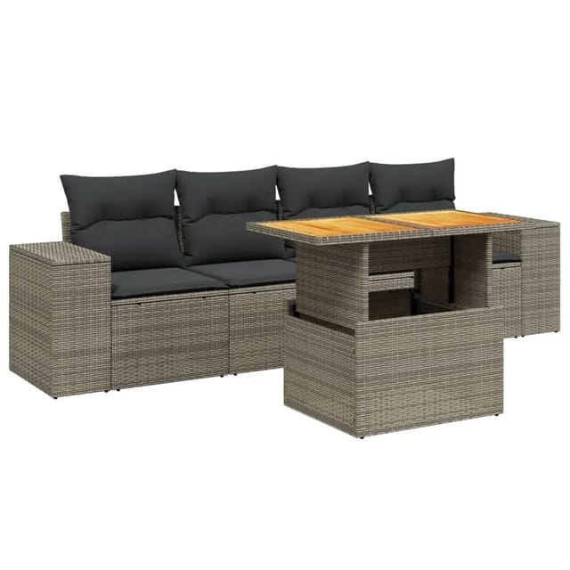 vidaXL 5-Tlg Garten-Sofagarnitur mit Kissen Grau Poly Rattan 3272516