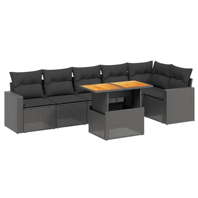 vidaXL 7-Tlg Garten-Sofagarnitur mit Kissen Schwarz Poly Rattan 3271321