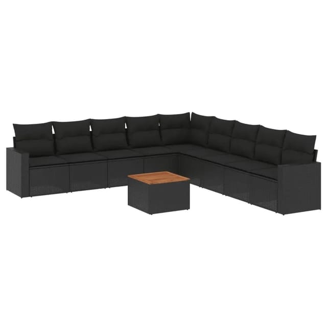 vidaXL 10-Tlg Garten-Sofagarnitur mit Kissen Schwarz Poly Rattan 3256496
