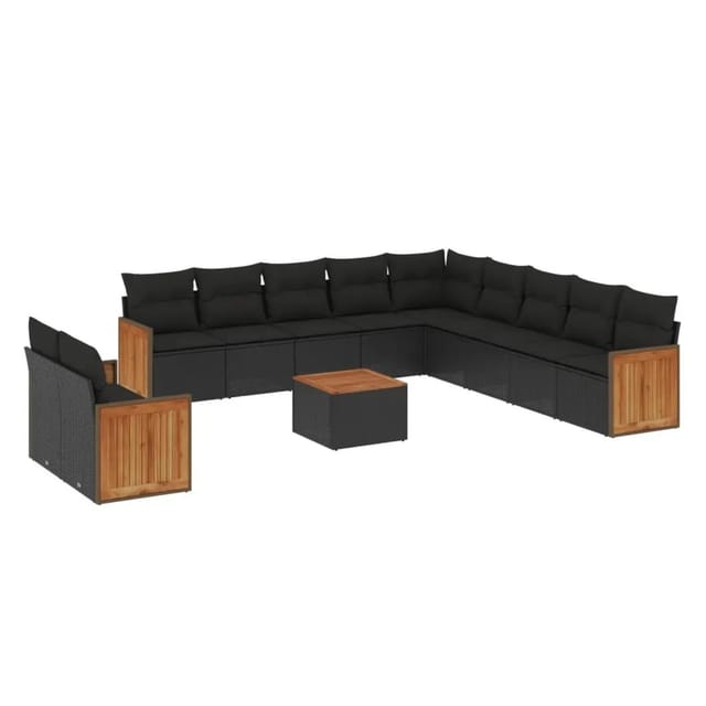 vidaXL 12-Tlg Garten-Sofagarnitur mit Kissen Schwarz Poly Rattan 3227812
