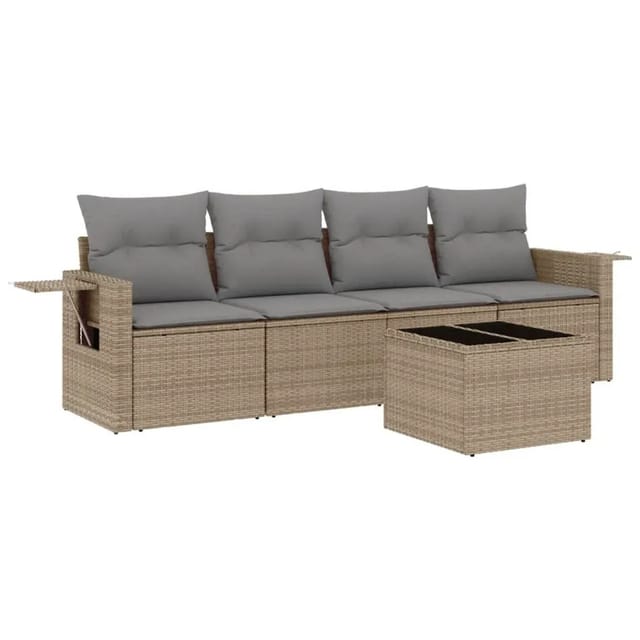 vidaXL 5-Tlg Garten-Sofagarnitur mit Kissen Beige Poly Rattan 3219888