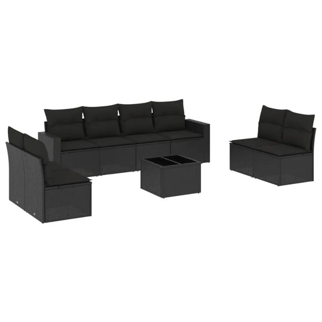 vidaXL 9-Tlg Garten-Sofagarnitur mit Kissen Schwarz Poly Rattan 3218845