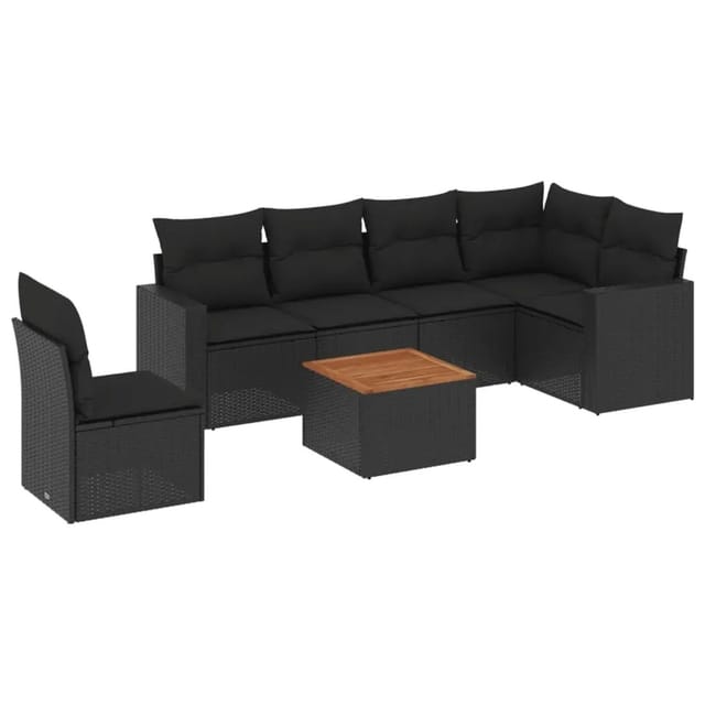 vidaXL 7-Tlg Garten-Sofagarnitur mit Kissen Schwarz Poly Rattan 3256475
