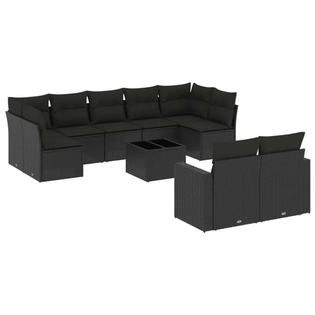 vidaXL 10-Tlg Garten-Sofagarnitur mit Kissen Schwarz Poly Rattan 3219415