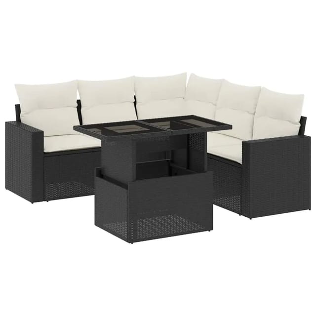 vidaXL 6-Tlg Garten-Sofagarnitur mit Kissen Schwarz Poly Rattan 3267266