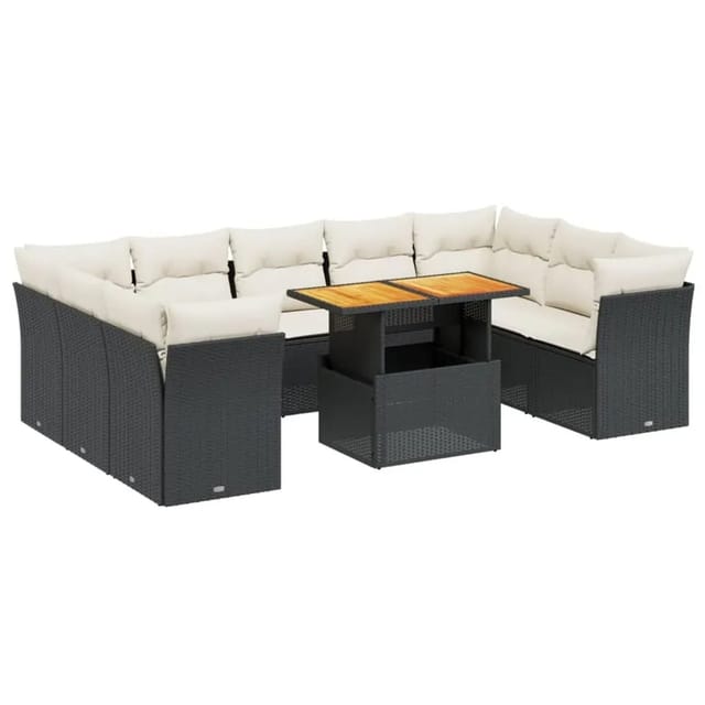 vidaXL 10-Tlg Garten-Sofagarnitur mit Kissen Schwarz Poly Rattan 3270993