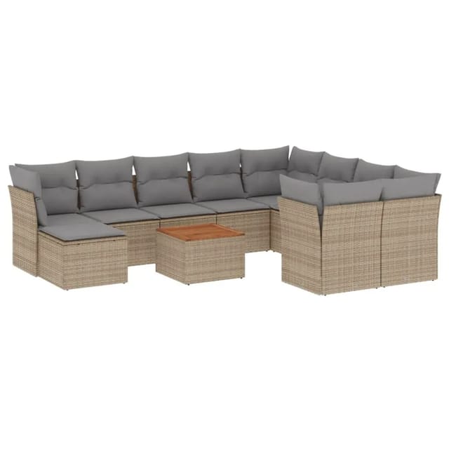 vidaXL 11-Tlg Garten-Sofagarnitur mit Kissen Beige Poly Rattan 3256304