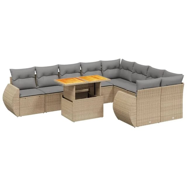 vidaXL 10-Tlg Garten-Sofagarnitur mit Kissen Beige Poly Rattan 3272354