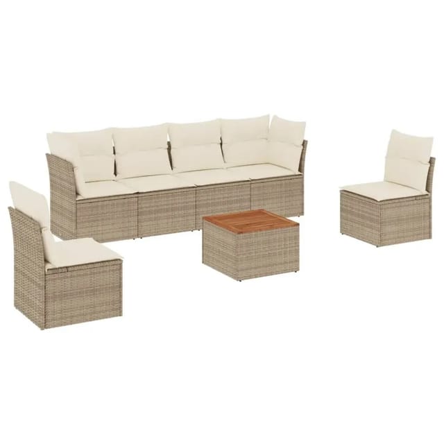vidaXL 7-Tlg Garten-Sofagarnitur mit Kissen Beige Poly Rattan 3223552
