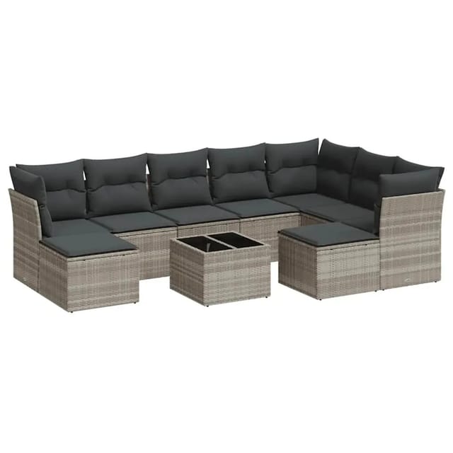 vidaXL 10-Tlg Garten-Sofagarnitur mit Kissen Hellgrau Poly Rattan 3218582