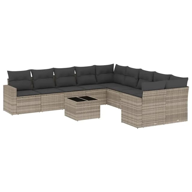 vidaXL 11-Tlg Garten-Sofagarnitur mit Kissen Hellgrau Poly Rattan 3219512