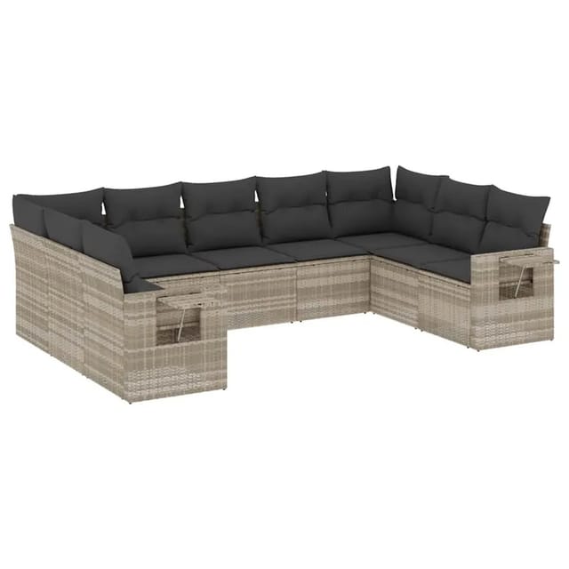 vidaXL 9-Tlg Garten-Sofagarnitur mit Kissen Hellgrau Poly Rattan 3220601