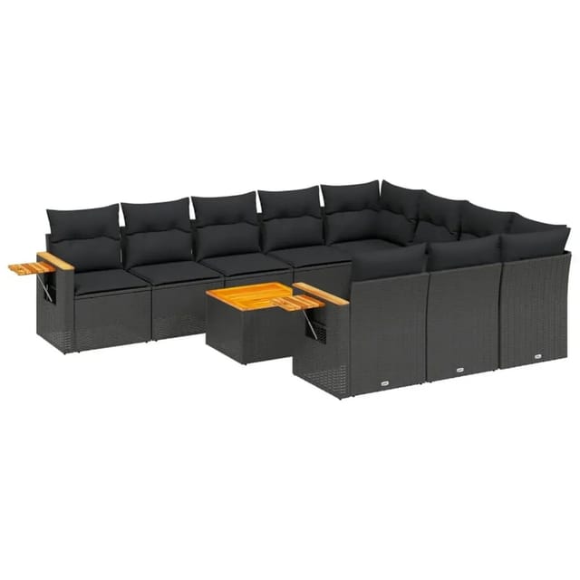 vidaXL 11-Tlg Garten-Sofagarnitur mit Kissen Schwarz Poly Rattan 3259584
