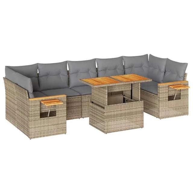 vidaXL 8-Tlg Garten-Sofagarnitur mit Kissen Beige Poly Rattan Akazie 3327573