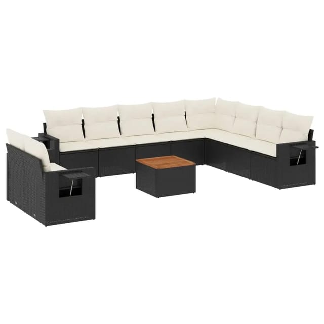 vidaXL 11-Tlg Garten-Sofagarnitur mit Kissen Schwarz Poly Rattan 3256966