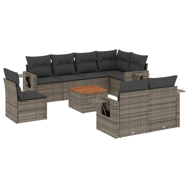 vidaXL 9-Tlg Garten-Sofagarnitur mit Kissen Grau Poly Rattan 3256991